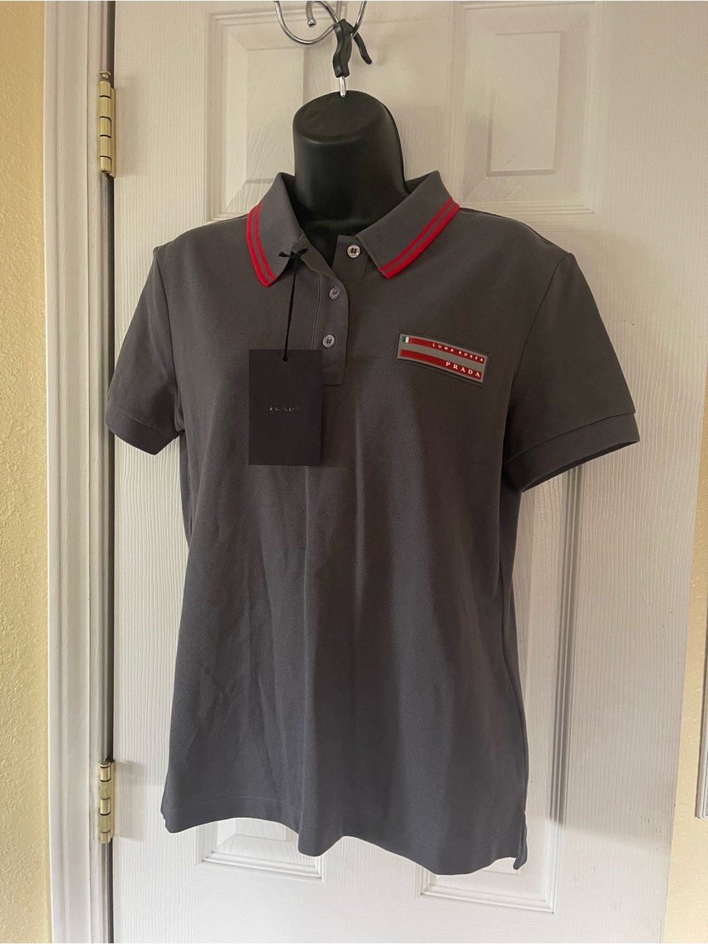 Prada Gray Polo with Red-Trim Collar